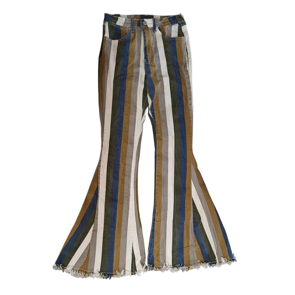Saints & Hearts Striped Bell Bottom Jeans Boho Flare Raw Hem M